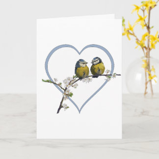 Tarjeta Aves amorosos sentados en el corazón de una rama d