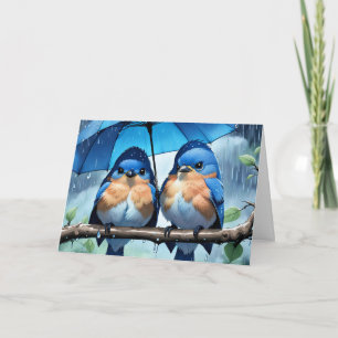Tarjeta Aves azules bajo un aniversario de paraguas