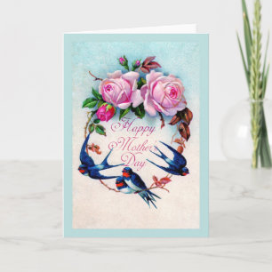 Tarjeta Aves azules caídas y Rosas Día de la Madre