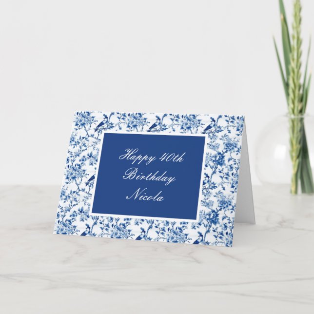 Tarjeta Aves azules y flores Chinoiserie Cumpleaños (Anverso)
