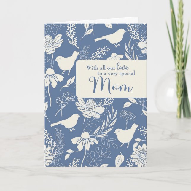 Tarjeta Aves azules y flores de cumpleaños de nuestra madr (Anverso)
