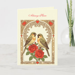 Tarjeta Aves Cariñosas y Rosas Rojas Art Nouveau