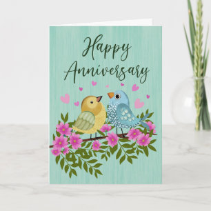 Tarjeta Aves de aniversario con flores y corazón