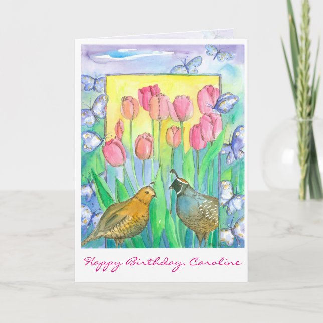 Tarjeta Aves de cola Flores de tulipanes rosados Feliz cum (Anverso)