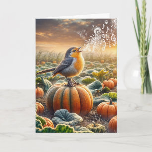Tarjeta Aves de cumpleaños cantando en una calabaza