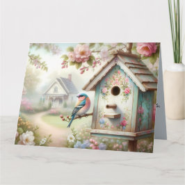 Tarjeta Aves De Primavera Con Flores Pastel Y Ave