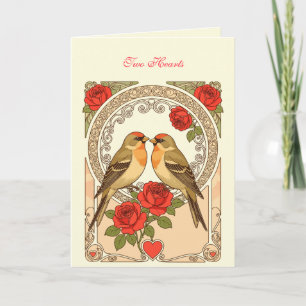 Tarjeta Aves estilizadas y rosas rojas Art Nouveau