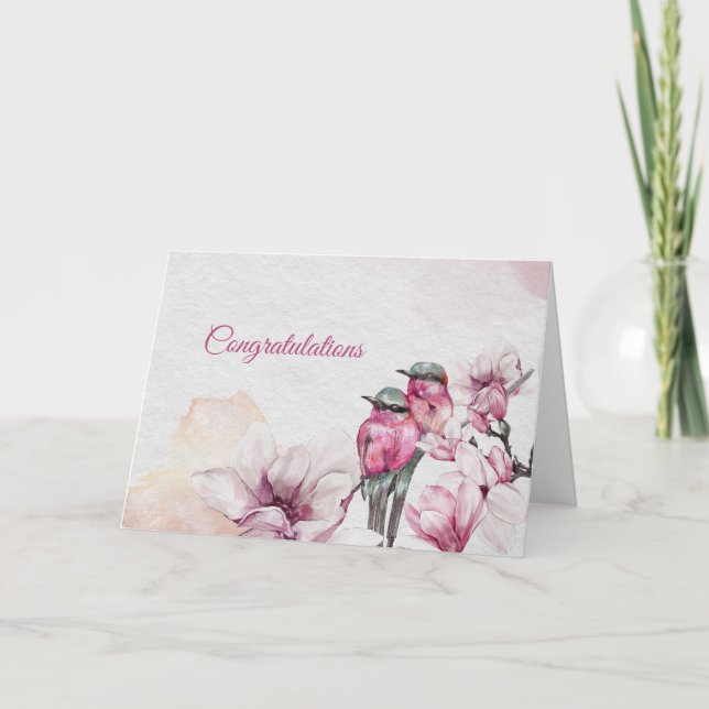 Tarjeta Aves Floral Rosa Magnolia Aves Boda Felicidades (Anverso)