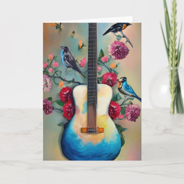 Tarjeta Aves, flores y guitarra (Anverso)