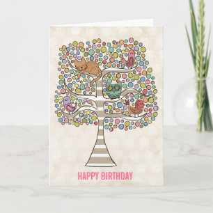 Tarjeta Aves y búhos de gato en un Ilustracion de árbol