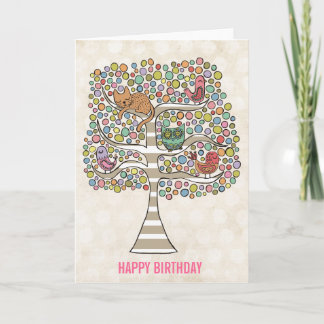 Tarjeta Aves y búhos de gato en un Ilustracion de árbol