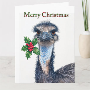 Tarjeta Avestruz Festivo Acebo Bayas Rojas Feliz Navidad