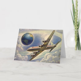 Tarjeta Avión de época volando por el mundo en nubes