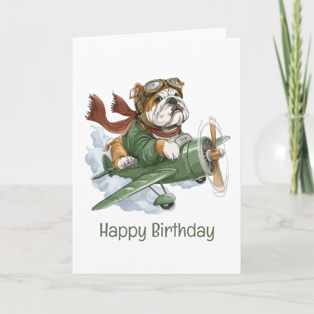 Tarjeta Avión piloto de Bulldog inglés feliz cumpleaños (Anverso)