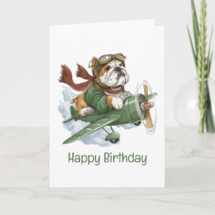 Tarjeta Avión piloto de Bulldog inglés feliz cumpleaños