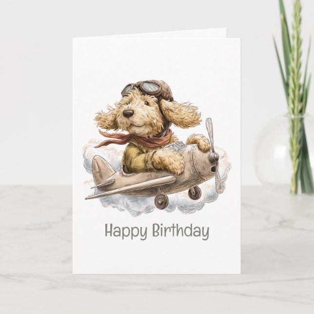 Tarjeta Avión piloto de perros goldendoodle feliz cumpleañ (Anverso)