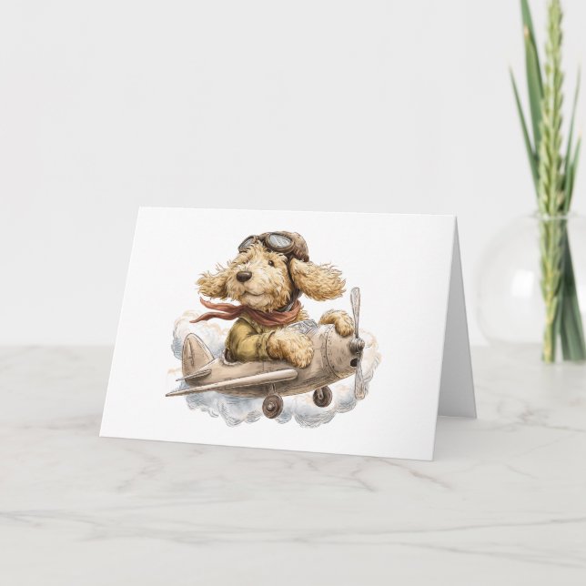 Tarjeta Avión piloto de perros goldendoodle feliz cumpleañ (Anverso)