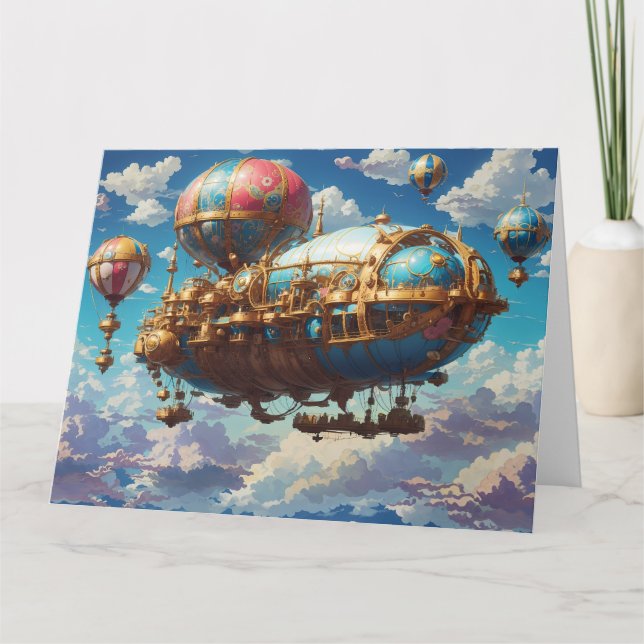 Tarjeta Avión Steampunk y globos en el cielo (Anverso)