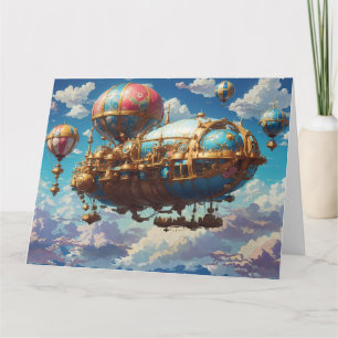 Tarjeta Avión Steampunk y globos en el cielo
