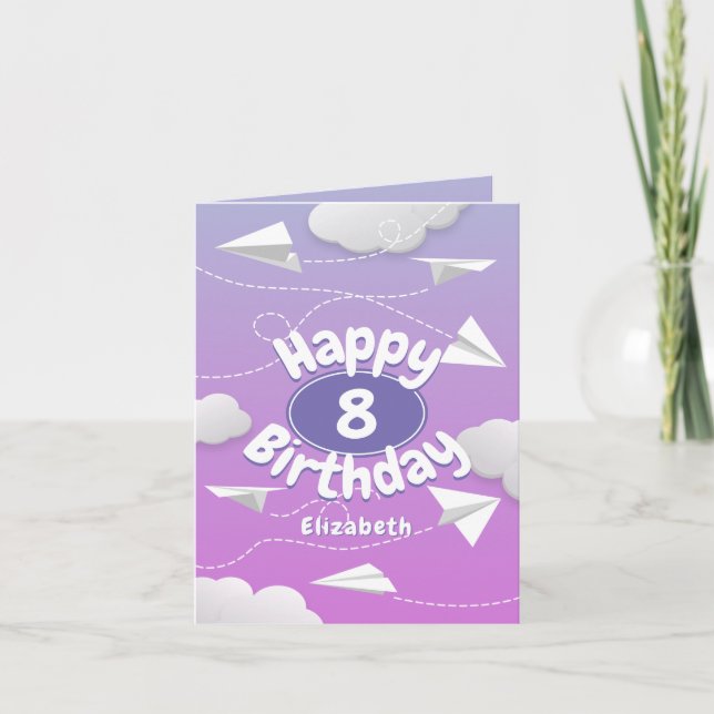 Tarjeta aviones de papel volador de cumpleaños púrpura gir (Anverso)