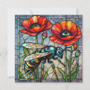 Tarjeta Avispa avispon abeja vidrio emplomado amapola flor