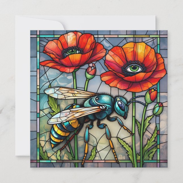 Tarjeta Avispa avispon abeja vidrio emplomado amapola flor (Anverso)
