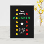 Tarjeta Awesome Melanin Sister Christian Happy Birday<br><div class="desc">Sencilla, minimalista y elegante tarjeta de cumpleaños MELANIN SISTER, con texto principal que lee la HERMANA MELANIN AWESOME mostrada como crucigrama en tipografía roja, amarilla y verde, ambientada con un rico fondo negro. En la parte inferior, hay una cita inspiradora, ELLA ES NEGRA Y BELLA, que se basa en las...</div>