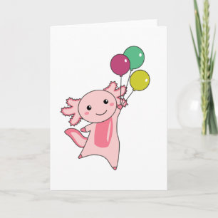 Tarjeta Axolotl, un animal dulce, vuela con globos hacia a