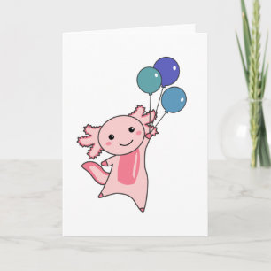 Tarjeta Axolotl, un animal dulce, vuela con globos hacia a