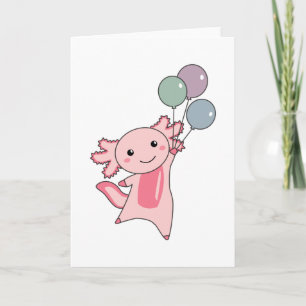 Tarjeta Axolotl, un animal dulce, vuela con globos hacia a