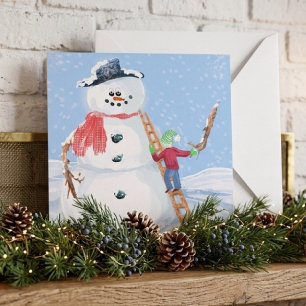 Tarjeta Ayudante de Santa Claus Construyendo un Muñeco de