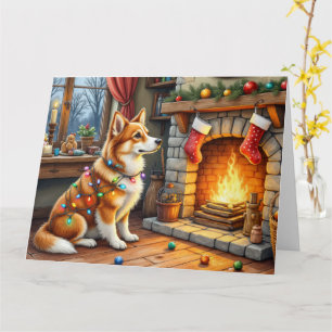 Tarjeta Azawakh Sentado junto a Chimenea con Luces de Navi