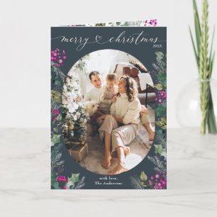 Tarjeta Azul acuarela Botánica 1 Foto Feliz Navidad