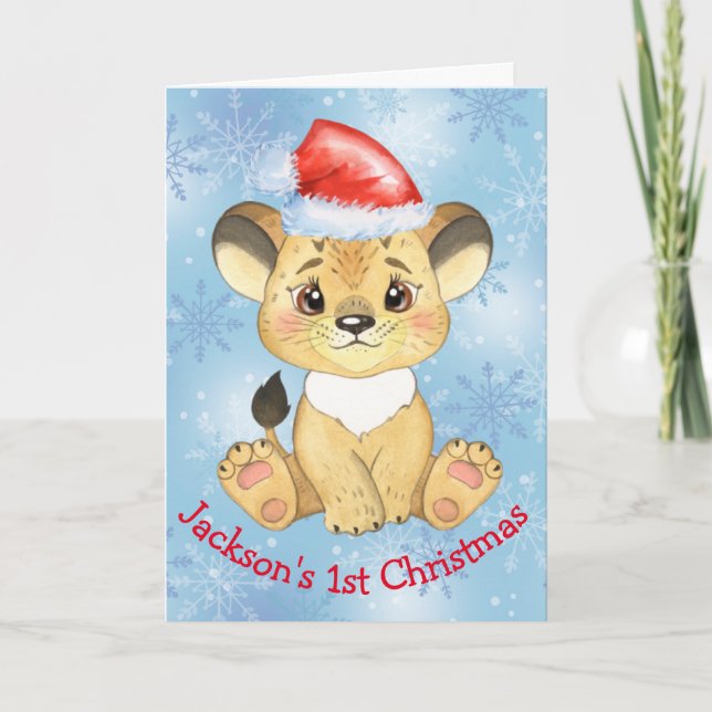 Tarjeta azul Baby Boy para los leones 1 Navidades  (Anverso)