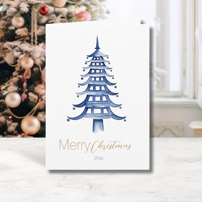 Tarjeta Azul Chinoiserie Pagoda Árbol de Navidad (Blue Chinoiserie Pagoda Christmas Tree Card)