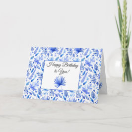 Tarjeta Azul Cobalto Patrón de Hojas Tropicales Feliz Cump