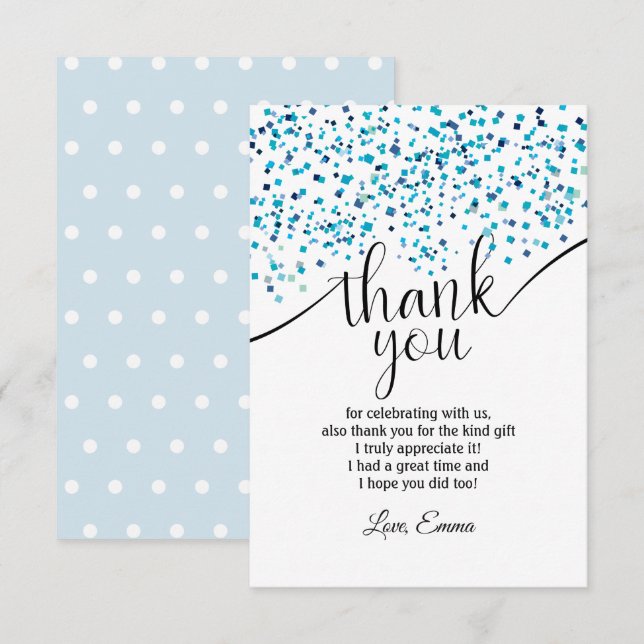 tarjeta azul de agradecimiento con confeti (Anverso / Reverso)