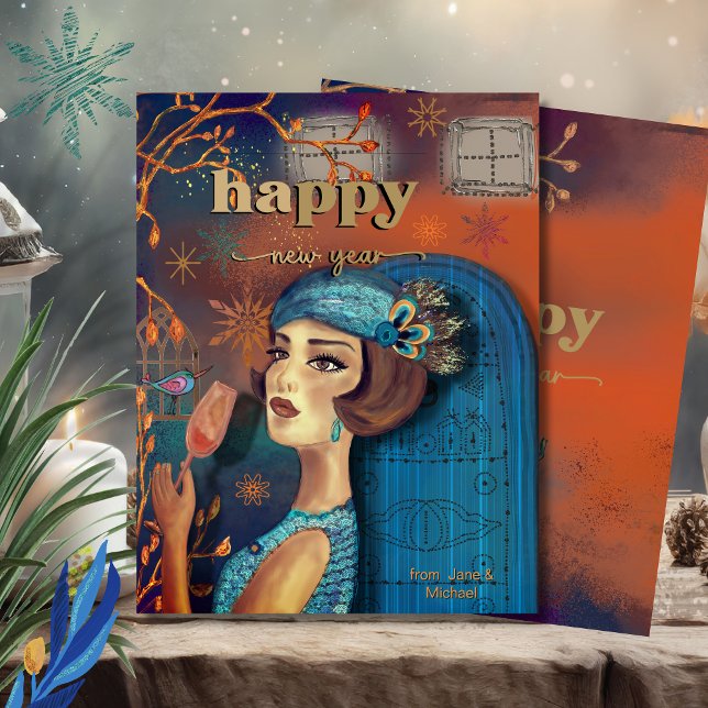 Tarjeta Azul de Año Nuevo retro vintage (Vintage Retro New Year Orange Blue Card)