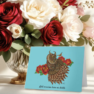 Tarjeta Azul de Búho Roses Rojos