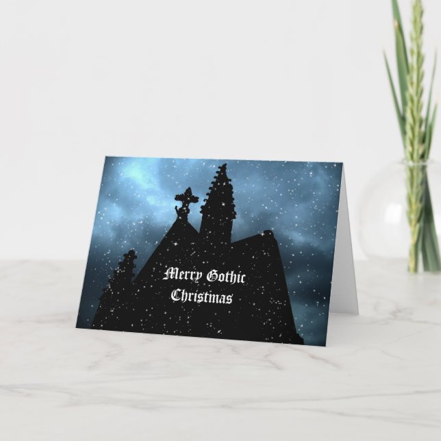 Tarjeta azul de los Felices Navidad góticos para (Anverso)