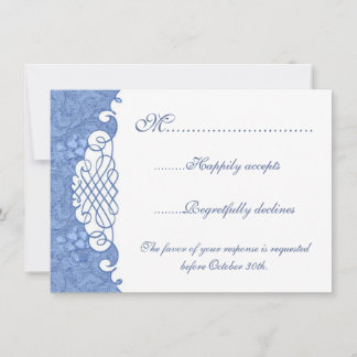 Tarjeta azul de RSVP del damasco que se casa