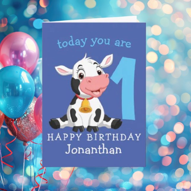 Tarjeta azul de vaca de cumpleaños 1 (The card captures the essence of a happy birthday celebration who love cows)