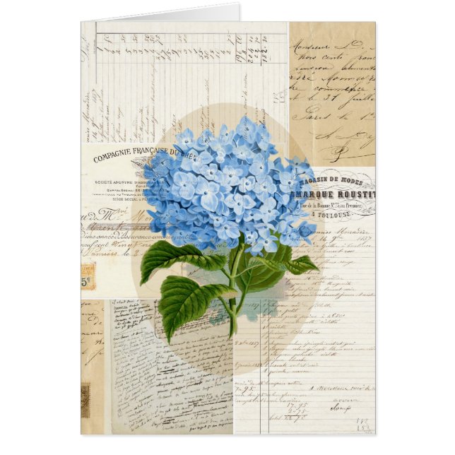 Tarjeta azul del francés del Hydrangea del vintage (Frente)