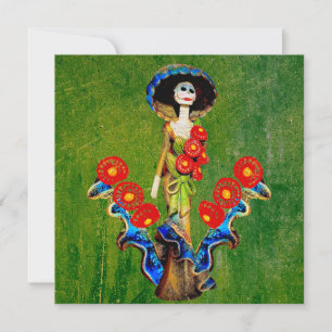 Tarjeta Azul Dorado Antiguo Boho Catrina Sobre Verde Lavad