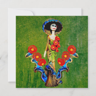Tarjeta Azul Dorado Antiguo Boho Catrina Sobre Verde Lavad