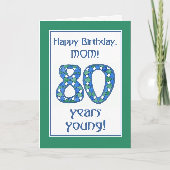 Tarjeta Azul elegante, verde, 80.o cumpleaños del blanco (Anverso)