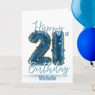 Tarjeta Azul espumoso con acentos dorados Cumpleaños 21