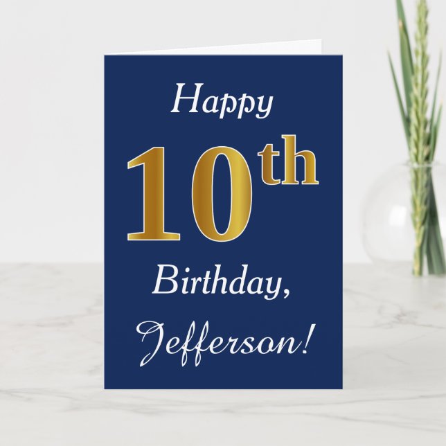 Tarjeta Azul, Faux Gold 10 cumpleaños + Nombre personaliza (Anverso)