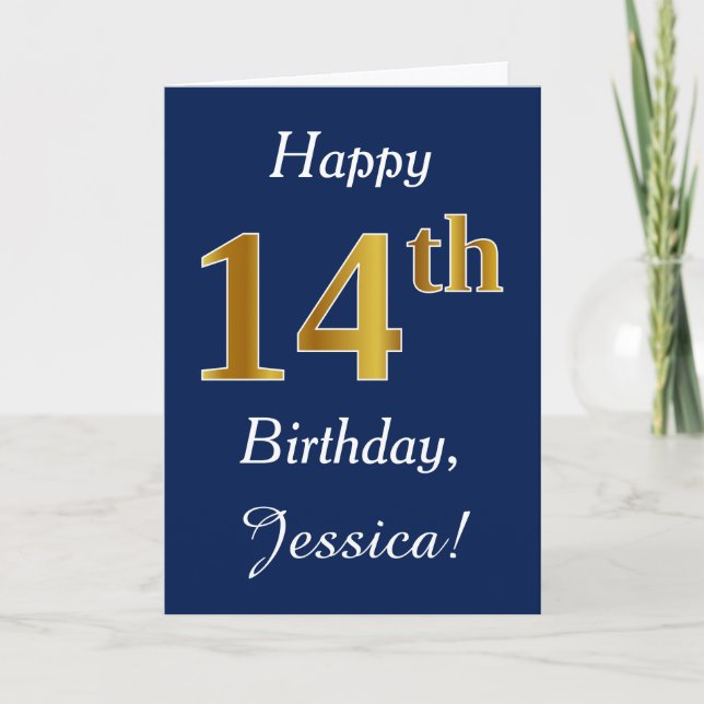 Tarjeta Azul, Faux Gold 14th Birthday + Nombre personaliza (Anverso)