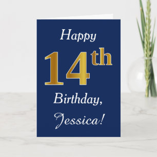 Tarjeta Azul, Faux Gold 14th Birthday + Nombre personaliza